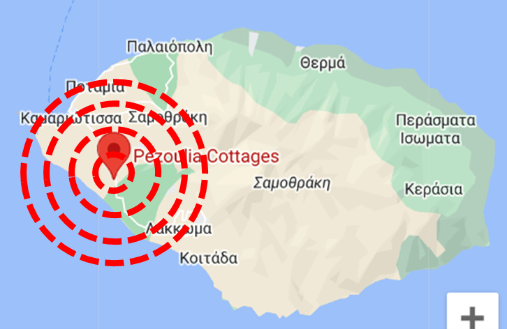 Χάρτης της Σαμοθράκης με επισήμανση της θέσης των Pezoulia Cottages